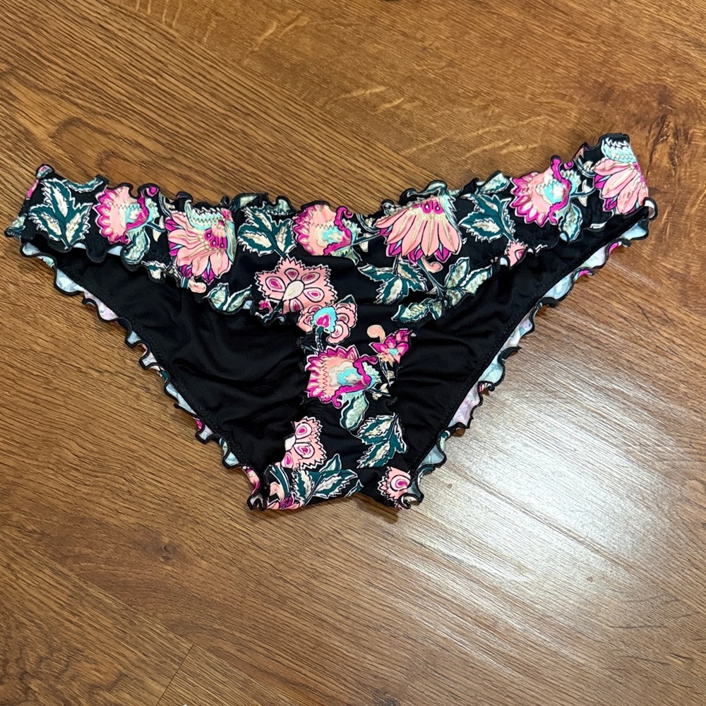 Shade & Shore Black Bikini Bottom with Pink & Teal Floral Trim